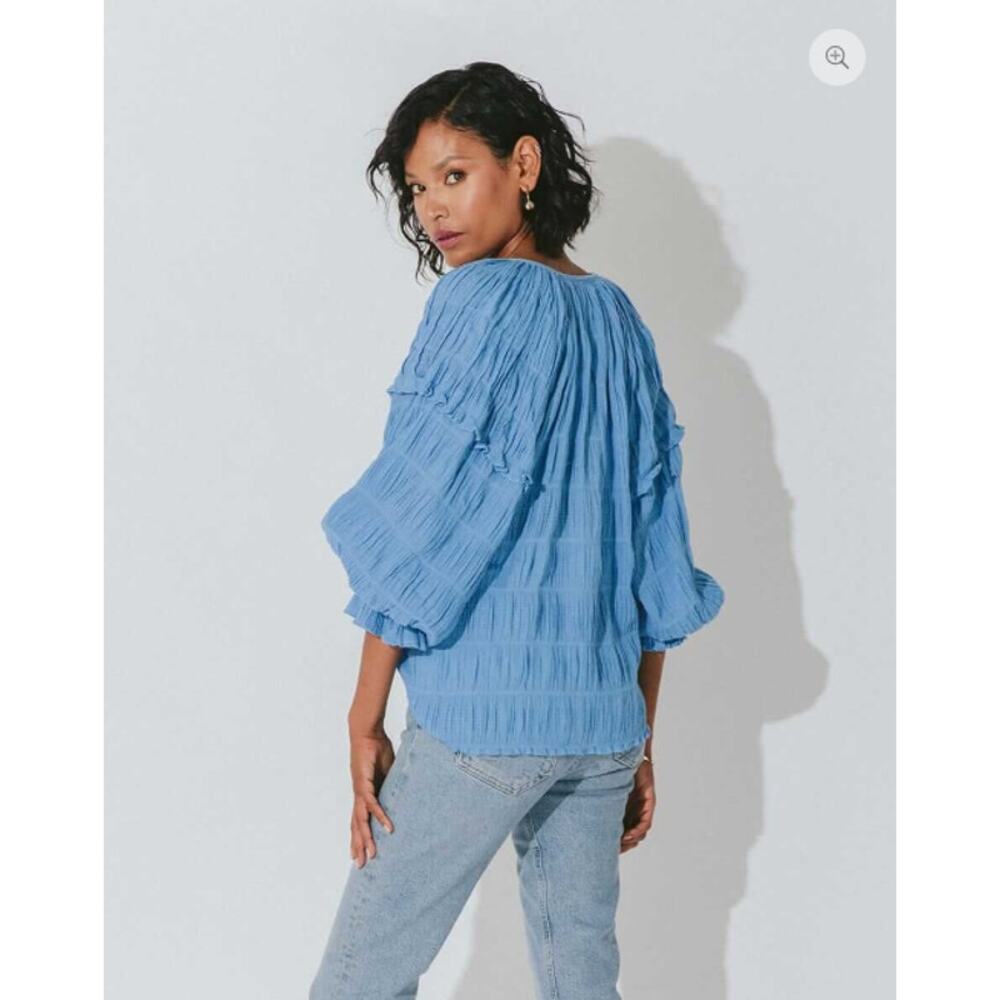 Cleobella Top Womens Small Azariah Blouse Blue Boho Prairie Peasant Gauze Tassel - Picture 3 of 10